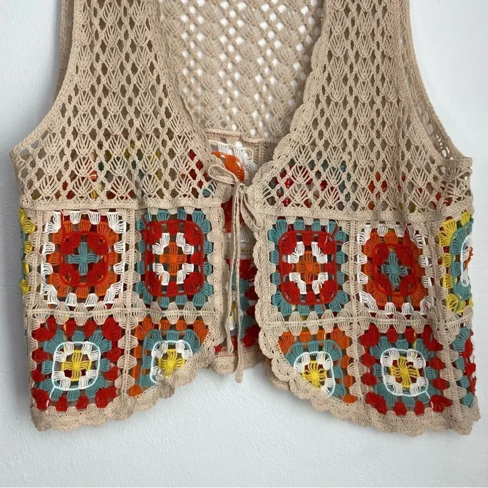 Cato Tan Floral Crochet Vest Women’s Plus Sz 18/20 Granny Square Hippie 70’s - Picture 5 of 12